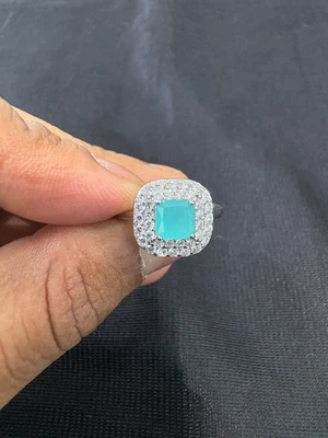 925 Argent Sterling Halo Bague – Bleu Turquoise Coupe Coussin Cz Taille 8 SR0537 - Photo 1/4