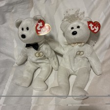Mr  Mrs 2001 White Plush 8in Ty Beanie Babie Groom Wedding Bridal Bear Set