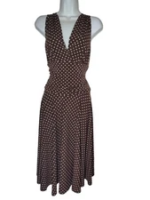 Dressbarn Vtg Double V-Neck Brown Polka Dot Midi Dress Blouson Fit-N-Flare 10