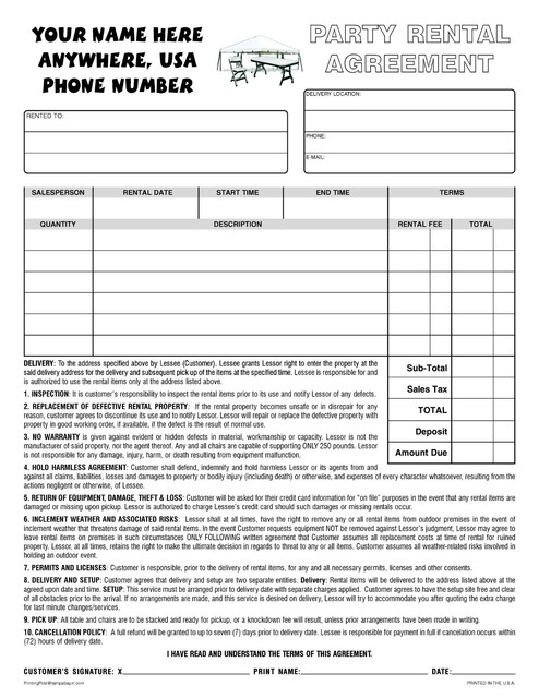 Party Equipment Rental Agreement Template