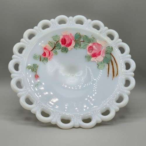 Vintage weiß Milchglas Standfuß Obstschale, handbemalte Blumen, 11" breit - Bild 8 von 9