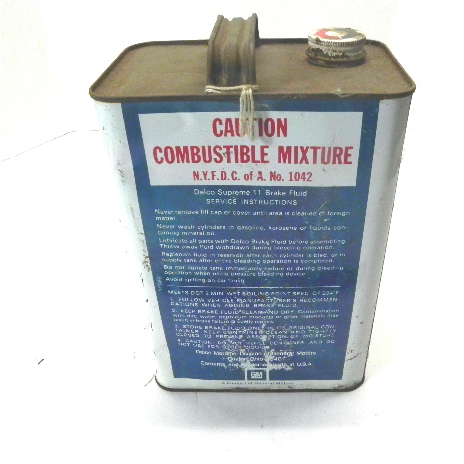 DELCO SUPREME 11 DOT 3 BRAKE FLUID 1 GALLON CAN EMPTY GM BRAND VINTAGE