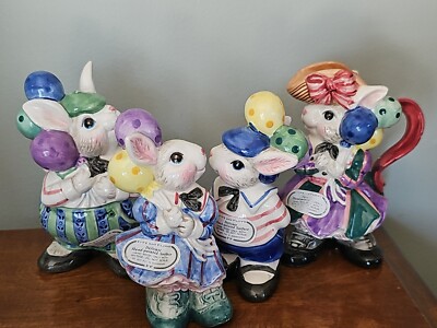 1995 FITZ & FLOYD BALLOONING BUNNIES SALT/PEPPER/CRAMER/SUGAR BOWL/SPOON SET