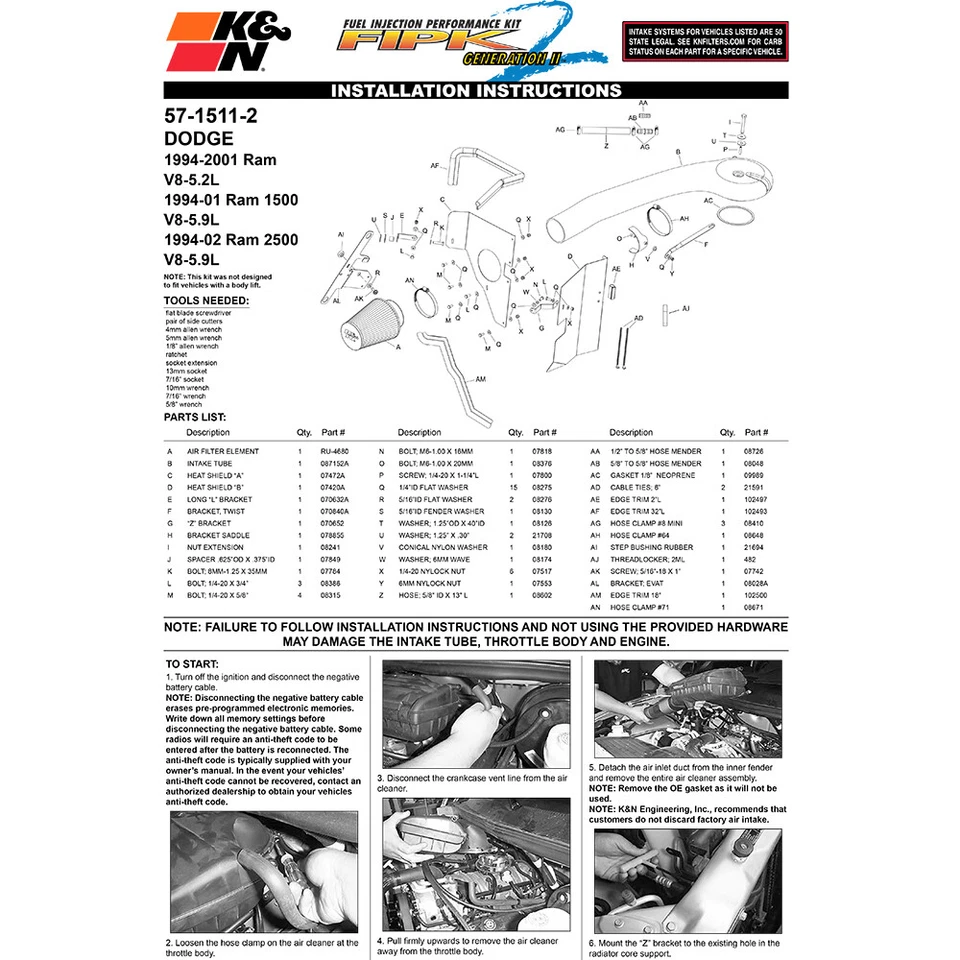 Entrada de aire frío rendimiento K&N 57-1511-2 para 94-01 Dodge Ram 1500 5,2 L 5,9 L V8 Foto 4 de 4