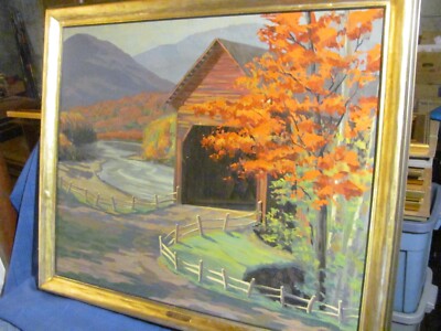 Lee Winslow Court (1903-1992) Vermont Covered Bridge Fall Foliage Oil Painting