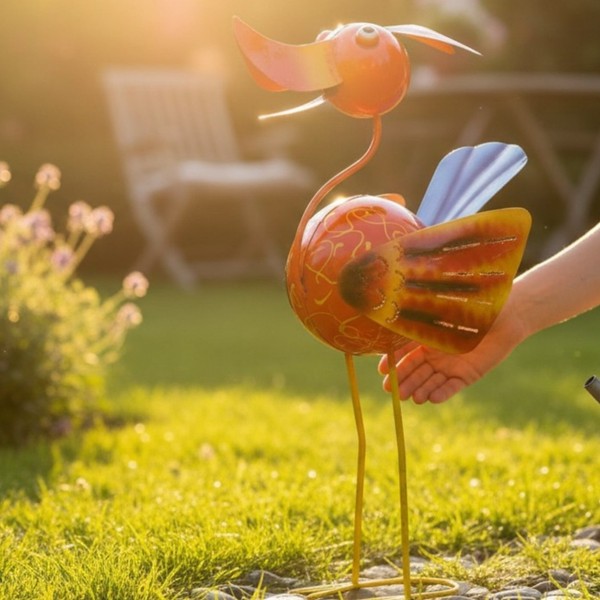 Vogel Gartenfigur Orange Metall Gartendeko Wetterfest Handgefertigt 40Cm-image