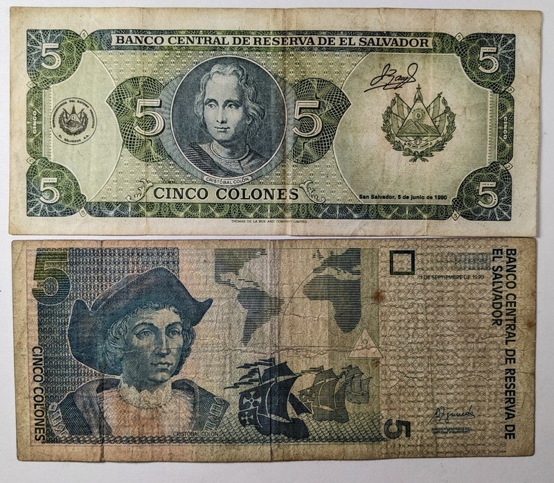 1990 and 1999 EL Salvador 5 Colones Paper Money VG/VF