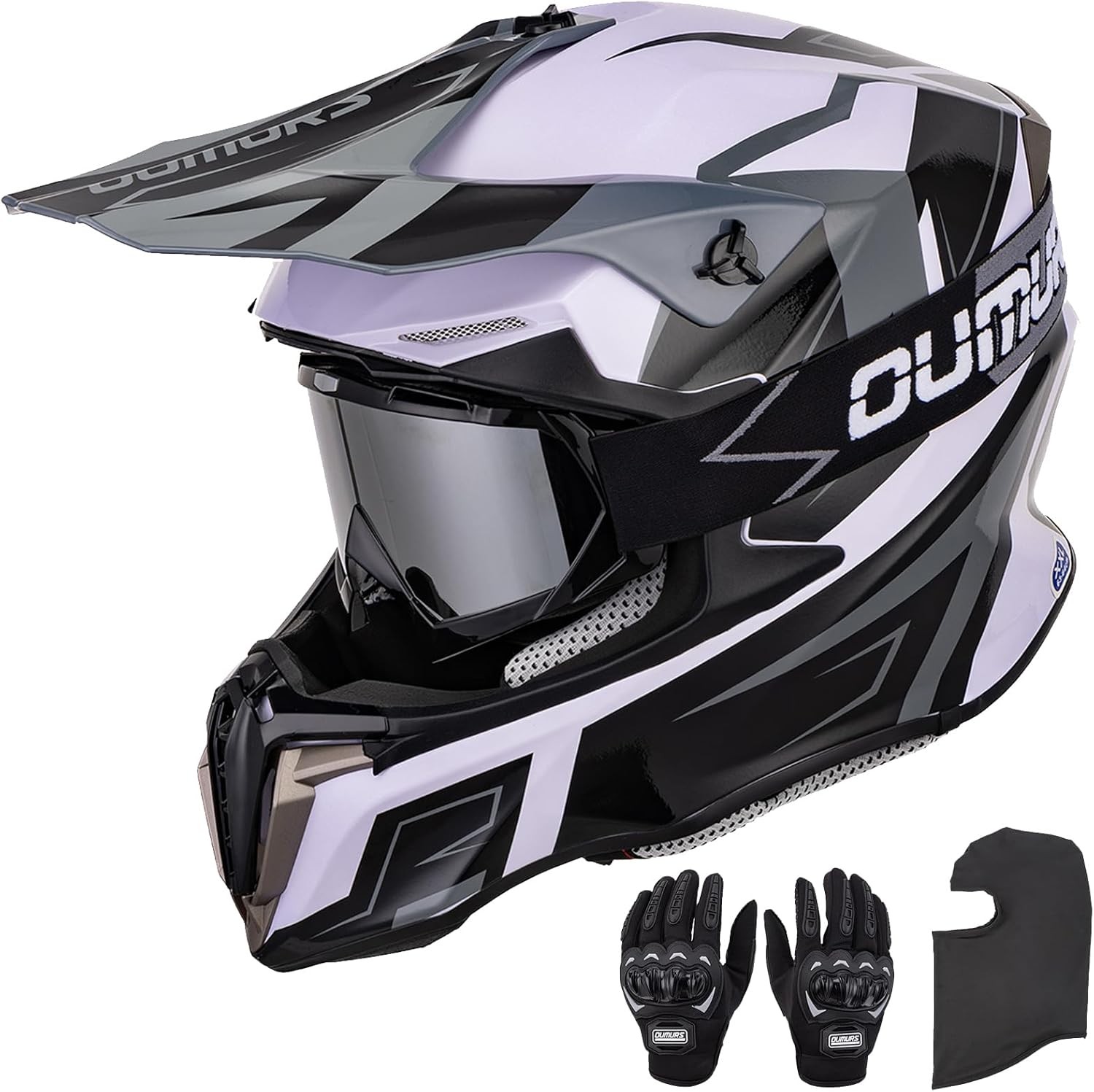 Adult ATV Dirt Bike Helmet with Goggles Gloves & Mask Large, White & Gray