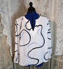 Nine West White V-Neck Blouse with Black and Blue Abstract Swirls
