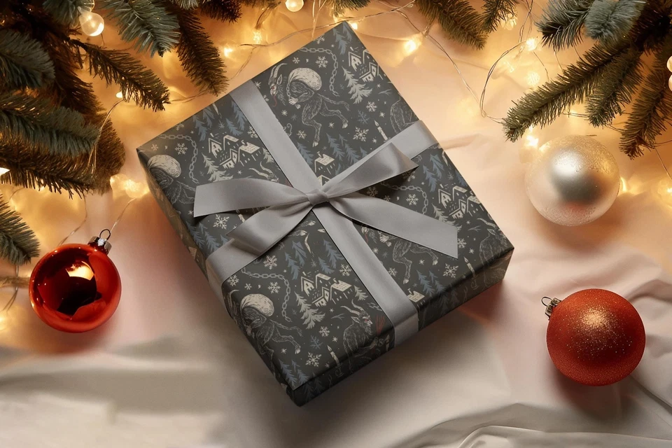 Papel de envolver gótico Krampus: folclore oscuro envoltura de regalo de Navidad Foto 3 de 4