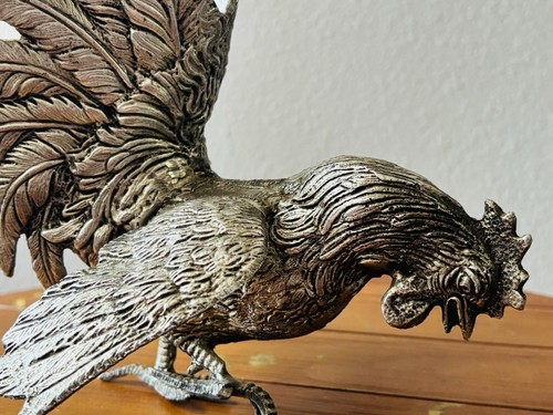 Vintage Pair of Metal Silver Plated Fighting Roosters Cocks Decorative used 10” - Picture 9 of 17