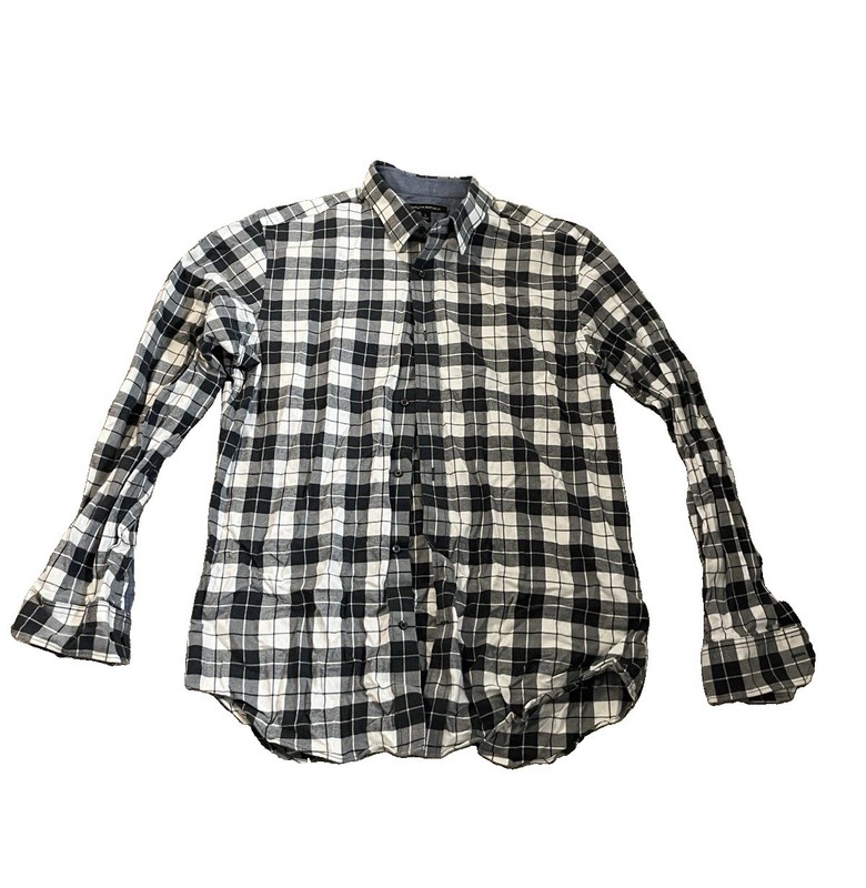 BANANA REPUBLIC Gray White Plaid Flannel Collared Button Down Mens Shirt Sz L
