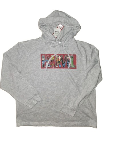 NWT Marvel Comics Logo Retro Graphics Gray Heather Hoodie Sweatshirt Womens sz L