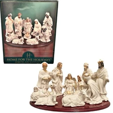 Vintage Home for the Holidays White Porcelain Nativity Set w Wooden Base & Box