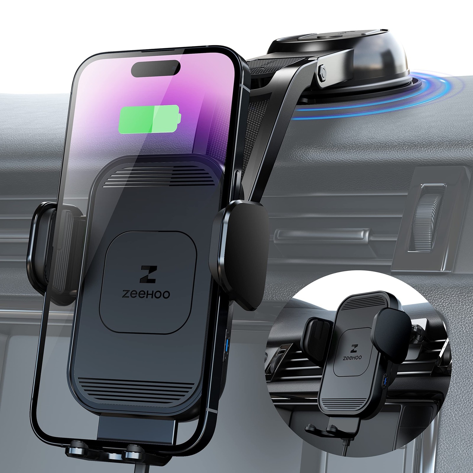 ZeeHoo 15W Fast Wireless Car Charger with Auto Clamping Phone Mount