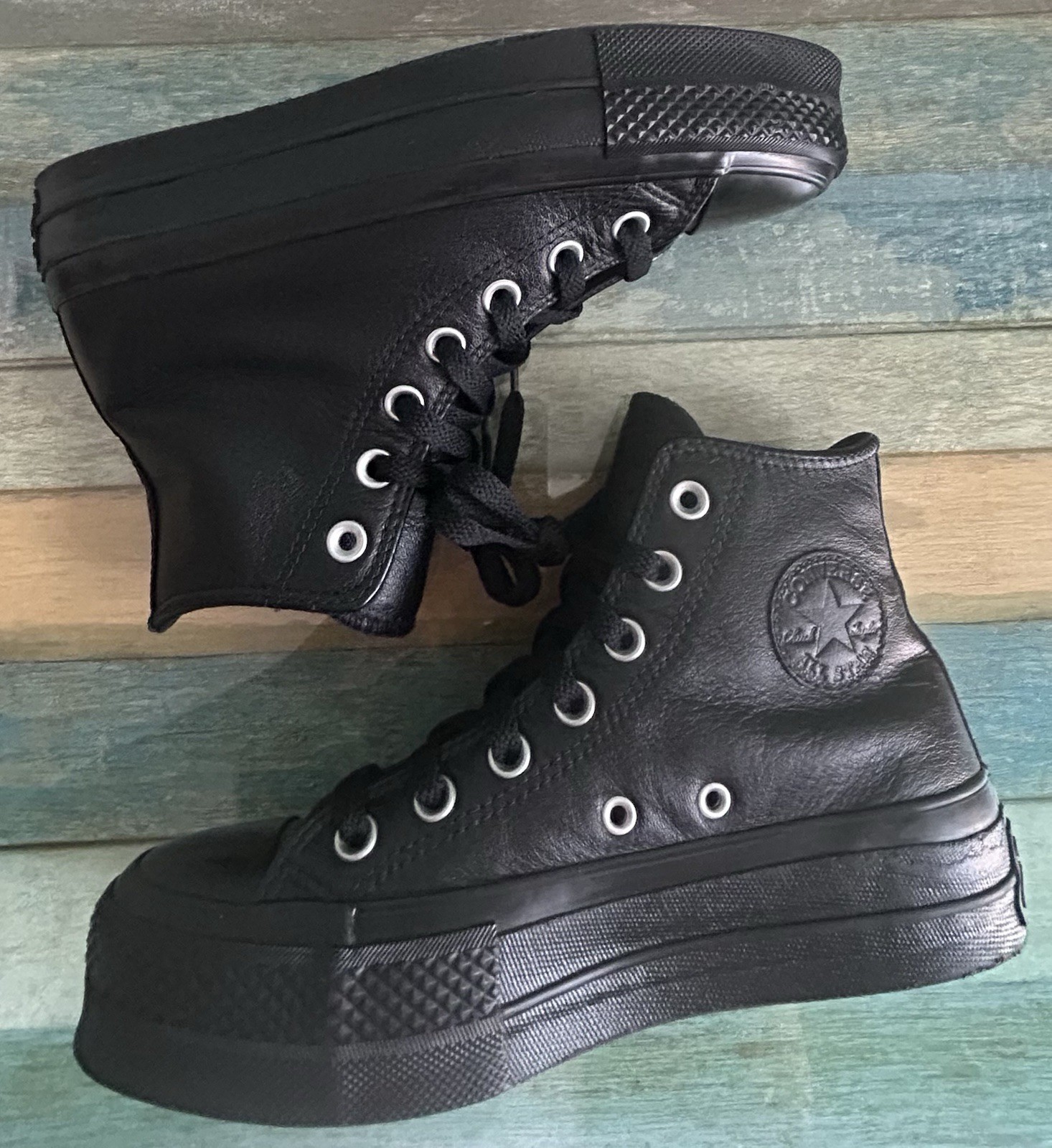 Converse Black Soft Leather Platform Sneakers High Top Shoes Size 5.5