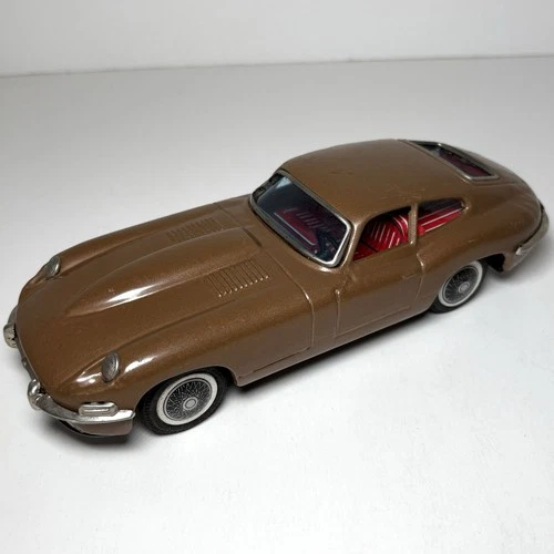 Vintage Jaguar XK-E Tin Friction 8" Toy Car Bandai Japan Brown Bronze 1960s