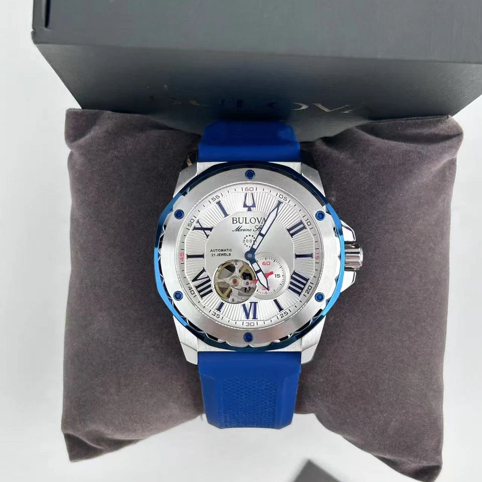 Nuevo reloj automático para hombre Bulova Marine Star 98A225 esfera blanca + correa de goma azul Foto 4 de 4