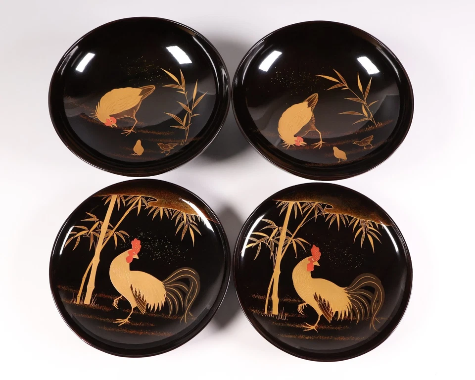Japanese Wajima Lacquer Pair of Lidded Soup Bowl 5.4inch Gold Rooster Maki-e - Image 4 of 4