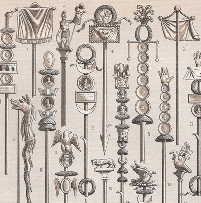 ROMAN MILITARY STANDARDS   Eagles, SPQR, Vexilla, Emblems   1876 Antique Print