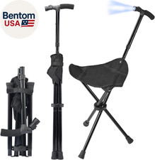 Cane with Seat Foldable Lightweight Walking Cane with LED Light Adjustable Walki