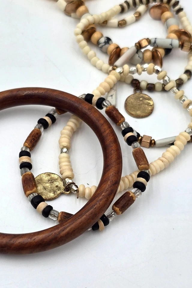 Lote de 12 pulseras elásticas apilables con cuentas y piedras preciosas naturales de madera boho Foto 2 de 4