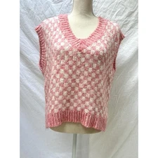 FRNCH Paris Womens Pink & White Sleeveless Checkered Knit Vest Medium Large