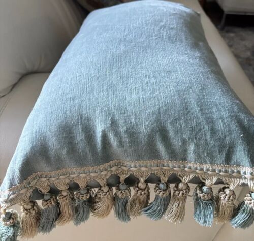 CUSTOM Chenille Pillow Cover BABY BLUE 15x24 Lumbar- Adorned W BlueBeige Fringe