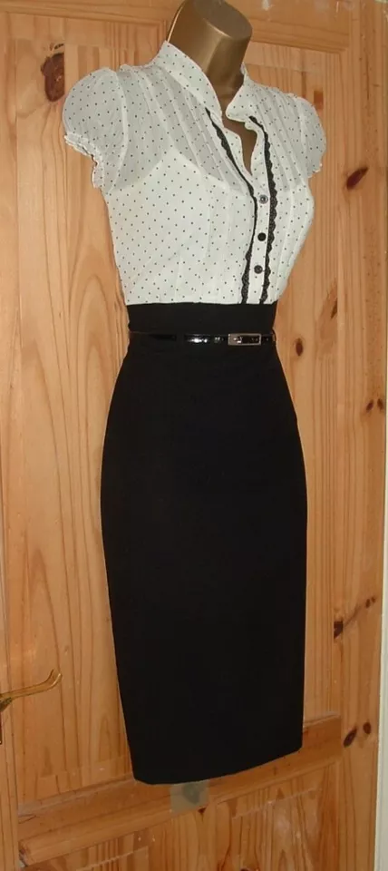 Negro Crema Lápiz Mueva Lunares Blusa Elegante Trabajo Oficina Vestido Talla 12 Foto 3 de 4