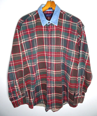 Vintage Gant Flannel Plaid Button Down Up Shirt Large Mens Chelsea Twill Brown