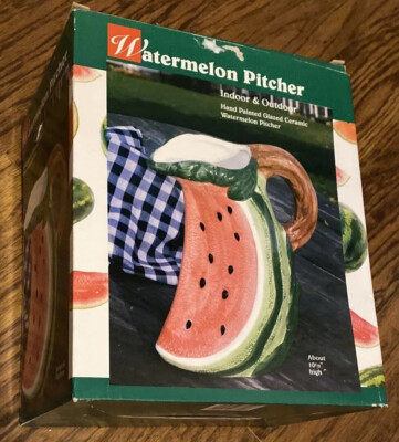 Watermelon Pitcher Summer 3D Shaped Vase Fruit Slice Pink Green Art Pottery 10''