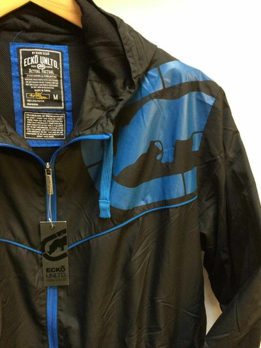 Herren Ecko Unlimited leichte Windschutzscheibe Regenjacke Kapuze blau schwarz - Bild 4 von 9