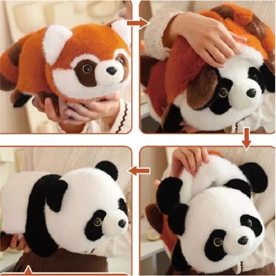 Double Sided Cute Panda Reversible Plushies,Pandas into Red Pandas 2-in-1 Animal