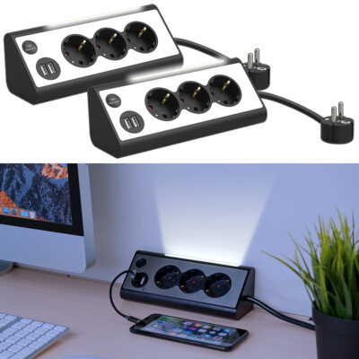 revolt 2er-Set 3-fach-Eck-Steckdosenleiste mit 2 USB-Lade-Ports & Nachtlicht