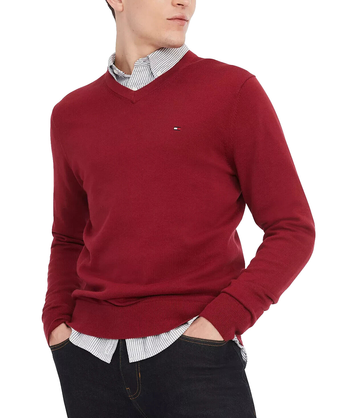 TOMMY HILFIGER Men's Essential Solid V-Neck Sweater Rouge Pick Size