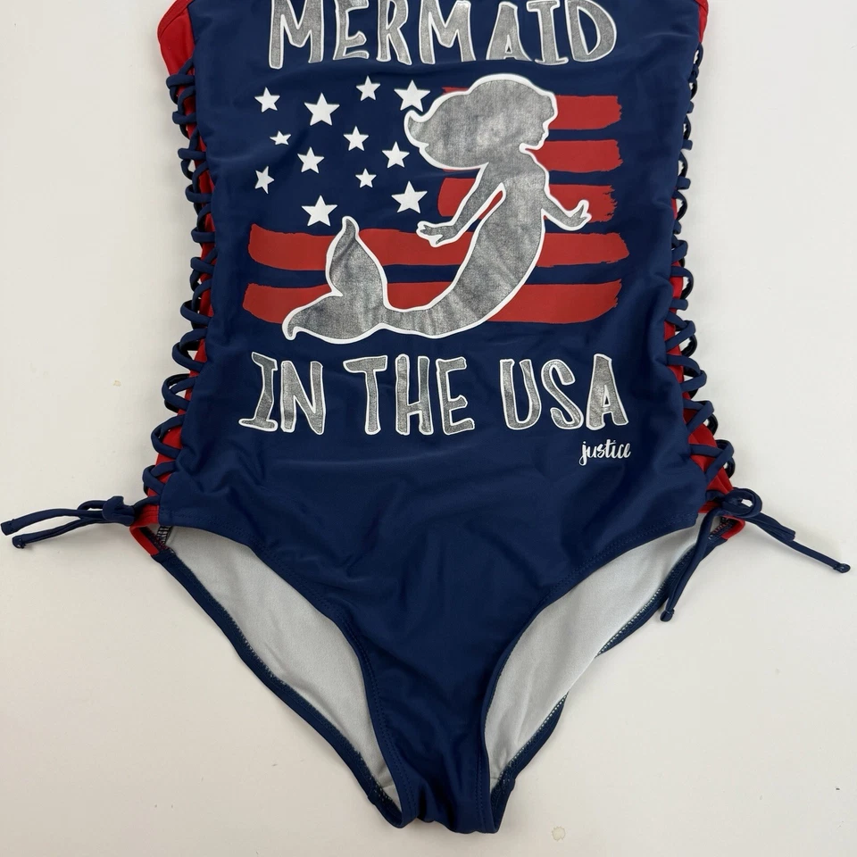 Traje de baño patriótico de una pieza JUSTICIA SIRENA EN EE. UU. Talla 18 rojo plata azul Foto 4 de 4
