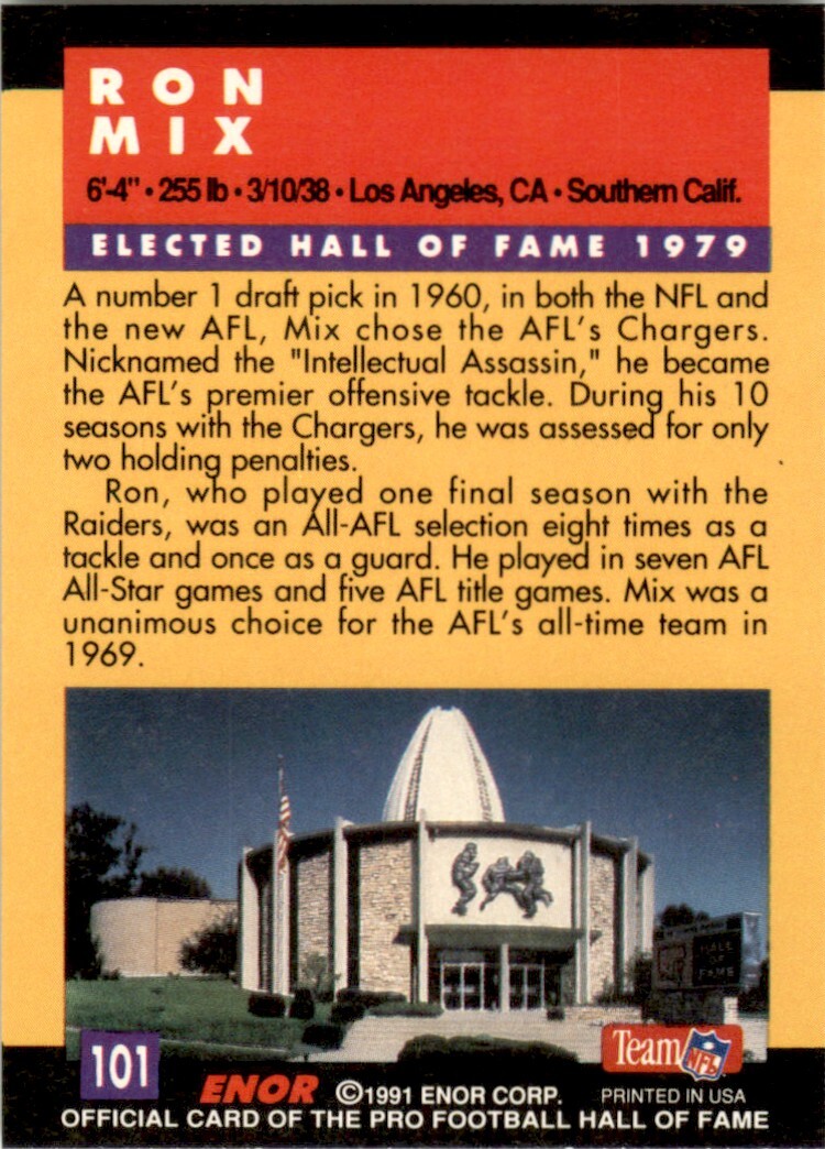 1991 ENOR Pro Football HOF #101 Ron Mix San Diego Chargers