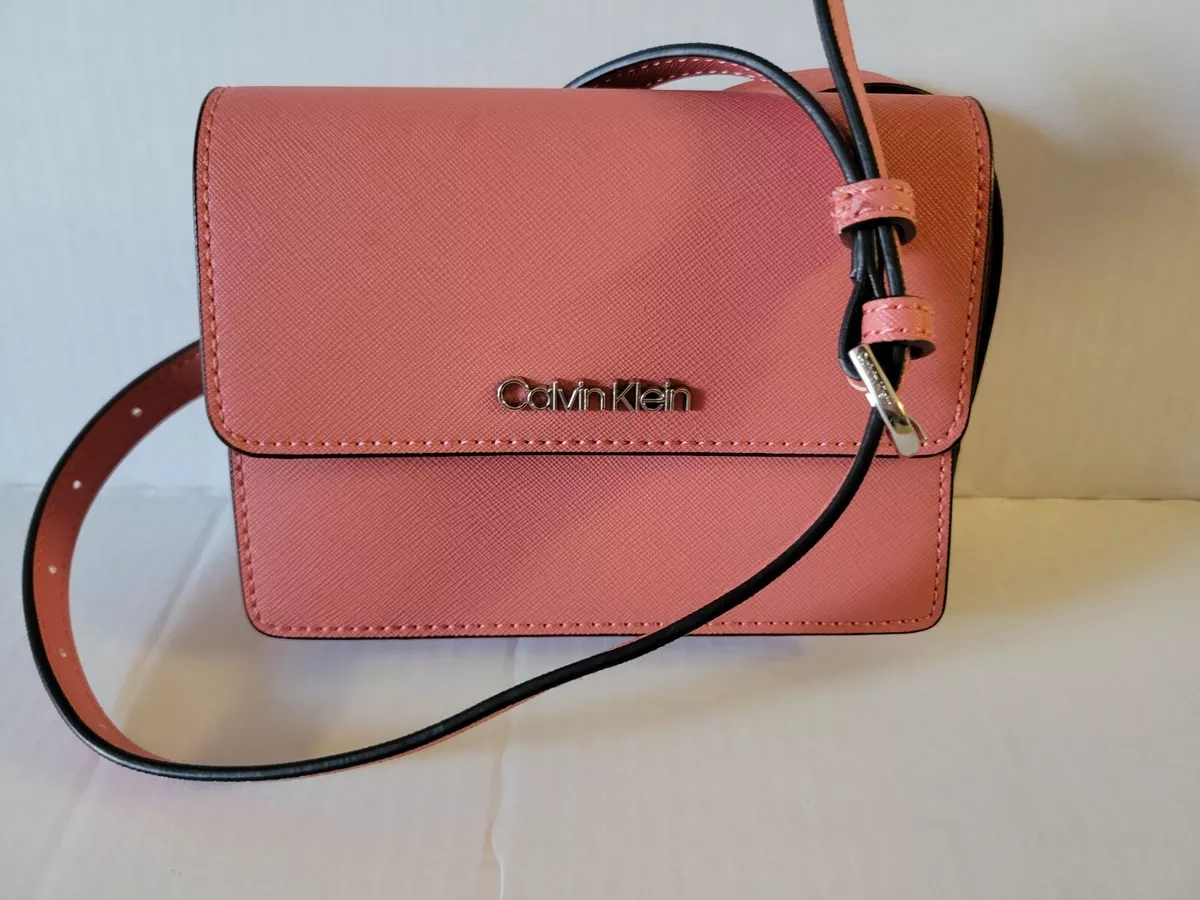 Calvin Klein Hayden Saffiano Leather Flap Crossbody Coral New - Body Logic