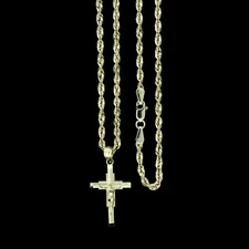 10K Yellow Gold Diamond Cut Jesus Crucifix Cross Charm Pendant & Rope Chain