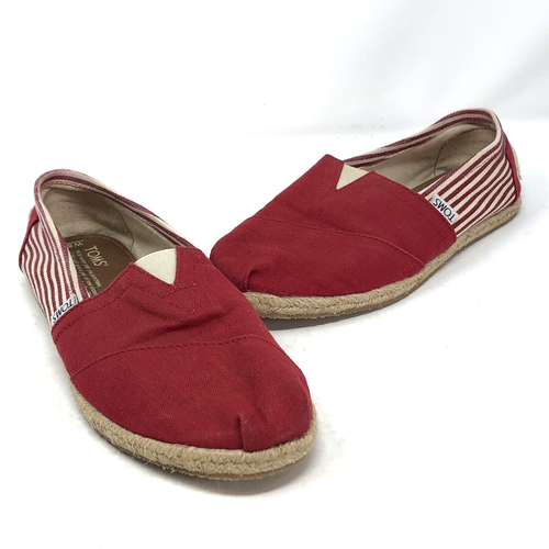 Toms Shoes Womens 8 Red Striped Canvas University Classic Rope Slip On Comfort