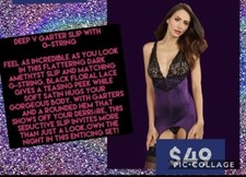 PURE ROMANCE DEEP V GARTER SLIP WITH G-STRING LINGERIE SIZE LARGE NEW SEALED