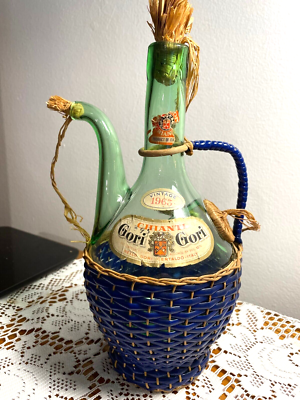 1963 Chianti Italian Wine Green Glass Decanter & Blue Wicker