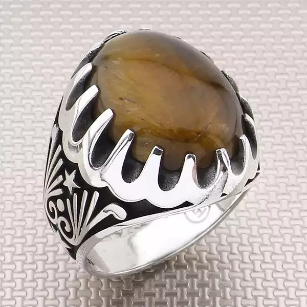 Natural Tiger Eye Oval Shape Stone 925 Silver Sterling Fine