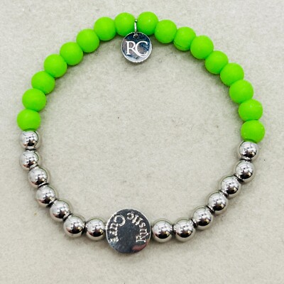 Rustic Cuff Mini Melanie Silver Tone Silicone Green Beaded Charm Logo Bracelet