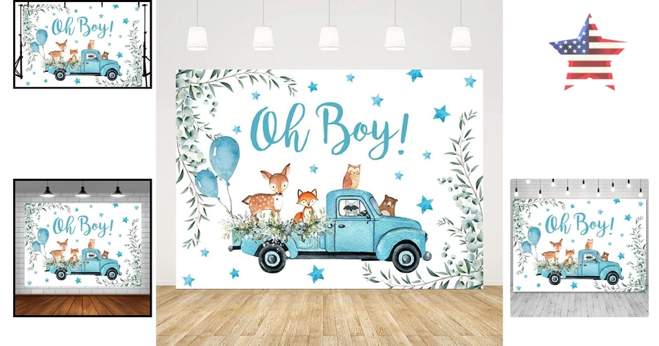 Telón de fondo para baby shower con tema Woodland - globos azules para camión y animales lindos - 7x5 pies Foto 2 de 4