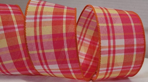 5 Yard Lot Wired Edge Ribbon 2 1/2" Wide Pink And Yellow Plaid Design Decor - Picture 2 of 3