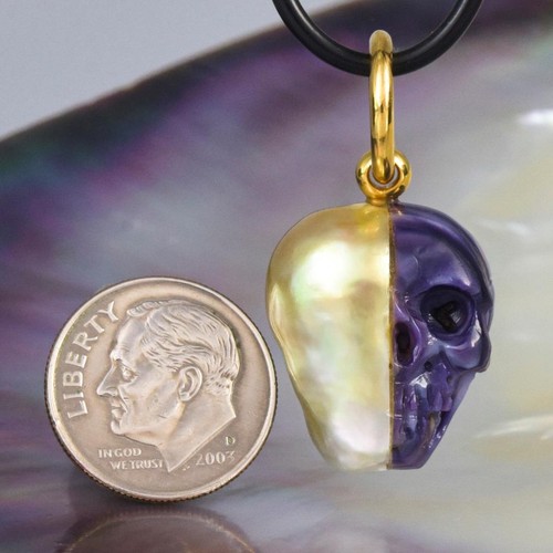 Skull IN Süd See Perle Anhänger Geschnitzter Lila Muschel Vermeil Sterling 7.56g - Bild 14 von 14