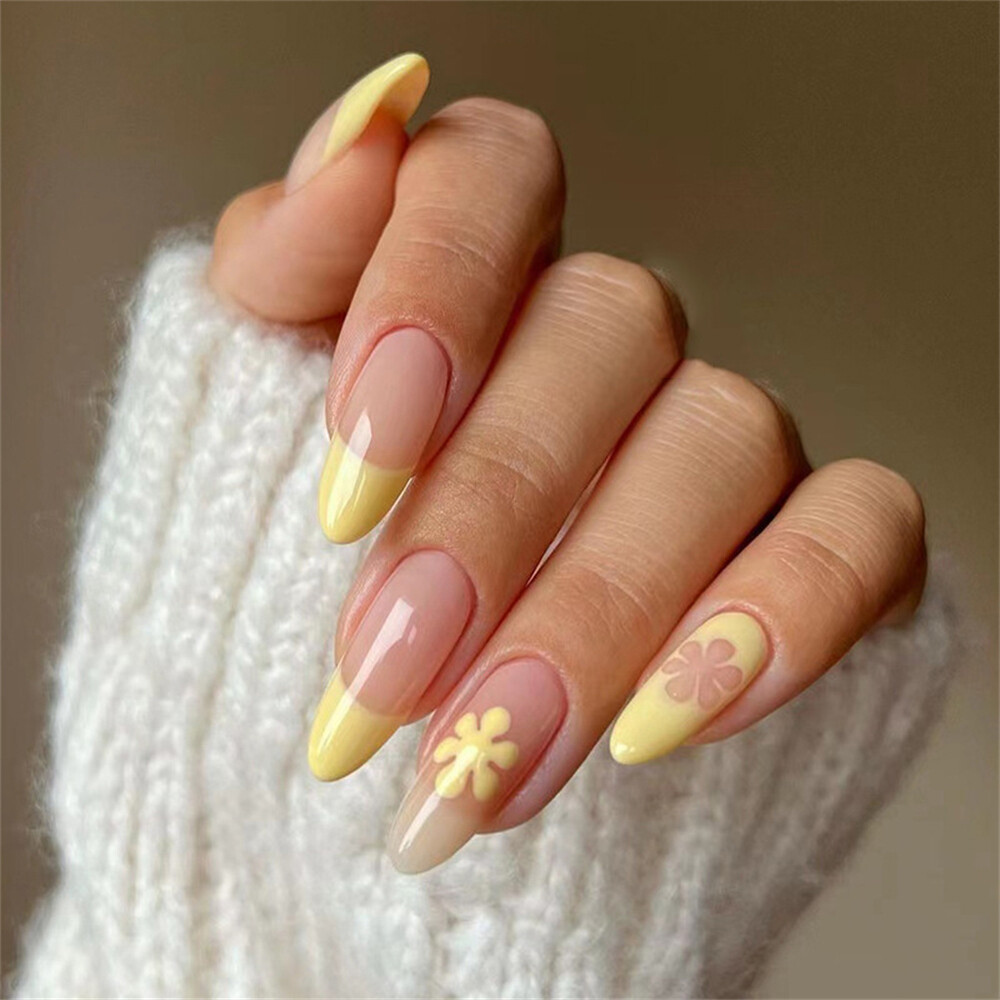 Oval Fake Nails Summer Yellow Flowers Short Press on Nails for Nail Art  24pcs | eBay