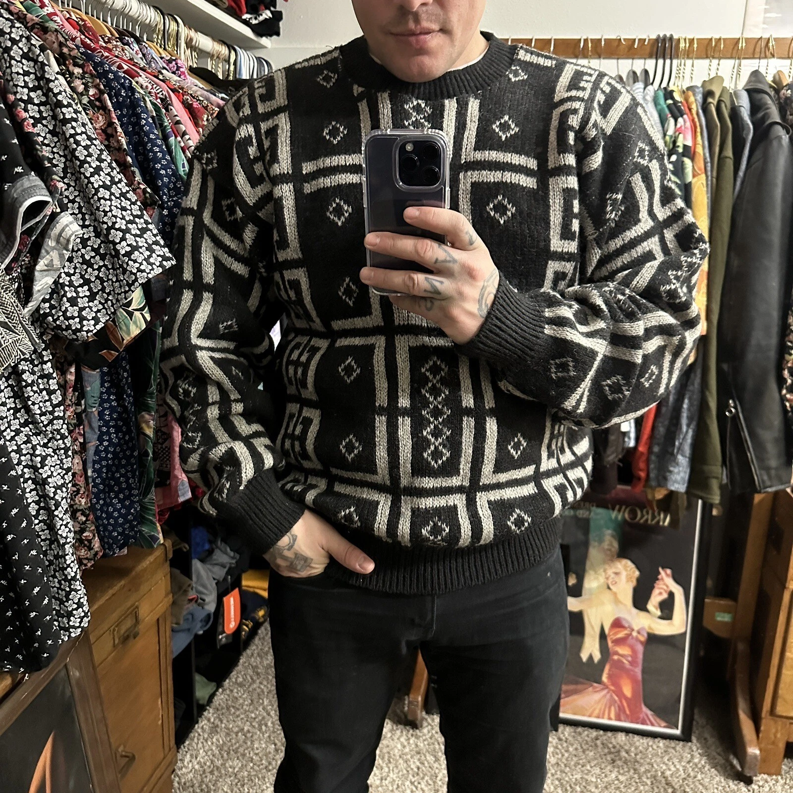 Vintage Jantzen Wool Sweater, Large, Black Abstract, Made In USA