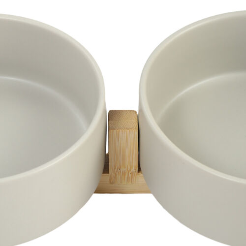 Wooden Ceramic 31cm Double Pet Bowl Dog Cat Twin Food Water Dish Feeding Station - Picture 6 of 17